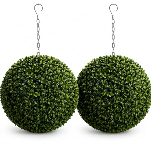 Floralcraft® 45cm Artificial Hanging Topiary Balls Set of 2 – UV Resistant Variegated Boxwood Spheres with Metal Chains for Garden, Patio, Porch & Entrance Décor
