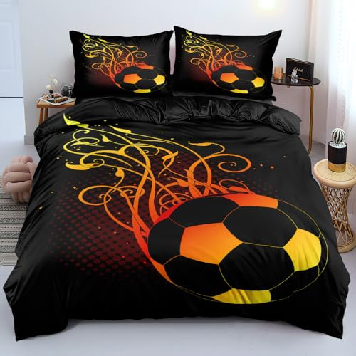 DXHOME Ropa de cama de 135 x 200 cm, diseño de fútbol, color negro y dorado, ropa de cama infantil con estampado 3D, suave microfibra, para verano e invierno, funda nórdica con cremallera y funda de