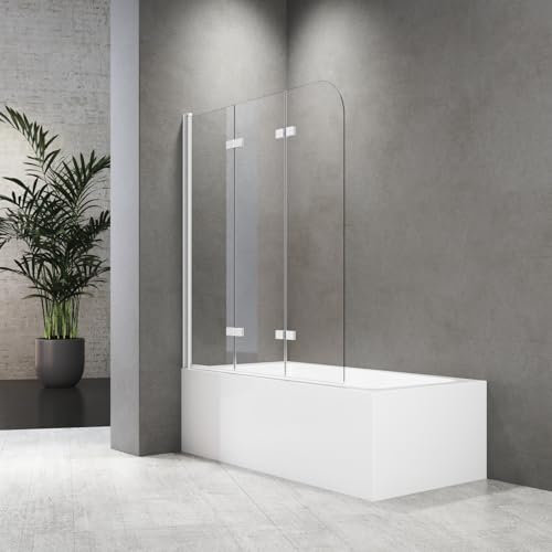 Badewanne Duschwand 120 x 140 cm Duschwand für Badewanne 3-teilig Badewannenfaltwand 3 teilig Hergestellt aus 6 mm starkem Sicherheitsglas,Weiß,Sicher und Zuverlässig