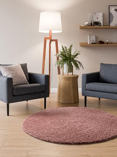 Interiyou Hochflor Teppich Sofia - 120x120 cm Rund Rosa - flauschig und einfarbig - waschbar und rutschfest - weicher Langflor