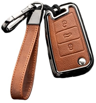 Happyit Zink-Legierung Leder Autoschlüssel-Hüllen für VW Golf 5 7 Sportsvan GTI MK7 for Skoda Octavia A7 3 Tasten (Braun+Grau)