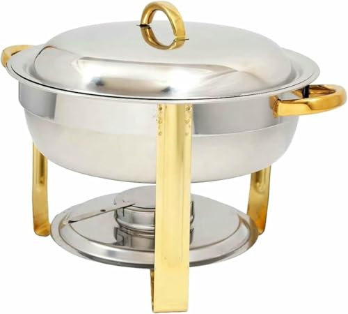 Chafing Dish Buffet Set, 4.5L Round 5-Piece Set With Food And Water Bowl, Lid Frame, Fuel Support, Rounded Edges, For Cafeteria/Hotel/Banquet/Wedding~/