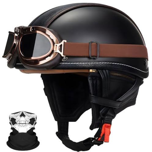 SYEBVTQ Vintage Deutsche Motorrad Halbhelme Halbschalenhelm ECE-Zertifizierung Motorradhelm für Herren Chopper Helm mit Sonnenbrille Jethelm Retro, Scooter Helm, Cruiser Moped Offenem Helm
