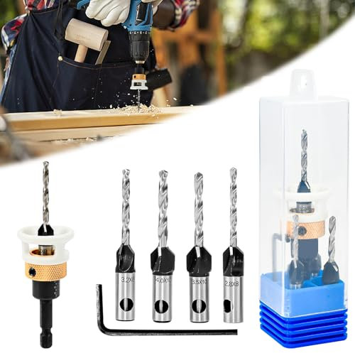 JNEYVIC Foret avec Fraisoir, Jeu de Forets à Chanfreiner Foret à Fraiser Bois, Fraises pour Défonceuses avec Tige Hexagonale 1/4avec Butée de Profondeur et Clé Hexagonale Meche Bois