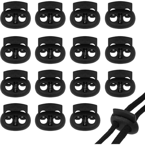 RODISHOMM 15 topes de cordón de doble apertura, de plástico, para ropa, mochilas, paracord, chaquetas, pantalones, bolsas de deporte, cordones elásticos, Negro , 2 Loch