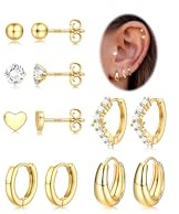 ADRAMATA 6 Paar Ohrringe Silber 925 Set für Damen 14K Vergoldet Creolen Ohrstecker Gold Piercing Ohr Helix Knorpel Hypoallergene Ohrstecker Huggie Ohrringe für Mehrere Piercings