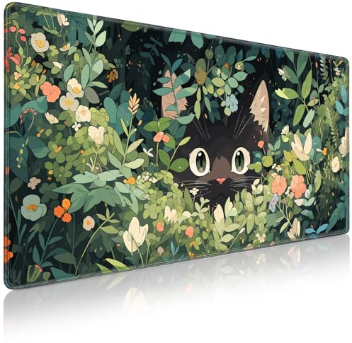 Acezeek Mouse Mat, Large Desk Mat, Gaming Mouse Pad XXL, 900X400mm Desk Pad | Acezeek Extended Mousepad with Stitched Edges & Anti-Slip Base Mousemat for Gaming,Office,Home( Green&Cat)