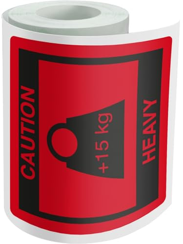 Dohe - Rollo Etiquetas Heavy Caution +15 kg (500 uds.) - Tamaño 80x80 mm, Pegatinas Autoadhesivas de Advertencia para Envíos Pesados, Resistentes y Duraderas, Color Rojo Llamativo, Material de Oficina