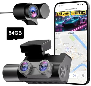 Frvesroe dashcam Voiture 3 canaux, 4K UHD 170° (Avant) + Full HD 140° (arrière/intérieur), Parking 24h, WiFi 6, GPS, Dash cam Vision Nocturne HDR/WDR, écran IPS 3 avec Carte 64 Go (V1)