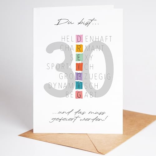Lovely Cards - Rätselkarte bunt - Premium Geburtstag Karte Mann Frau 30 Jahre - Premium Geburtstagskarte Mann- 30 Jahreschöne Karte zum Geburtstag Freundin - 30er geburtstag frau - A6