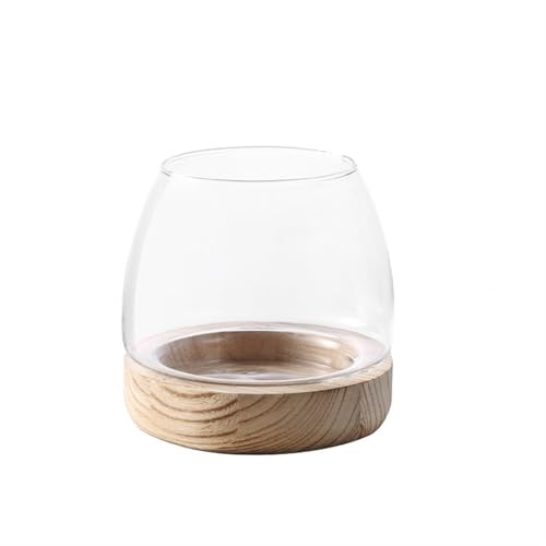 Décoration Petit Aquarium Rond créatif en Verre, Bouteille écologique Japonaise, Bouteille en Verre Micro-Paysage de Bureau avec Base en Bois pour Poissons(Natural)