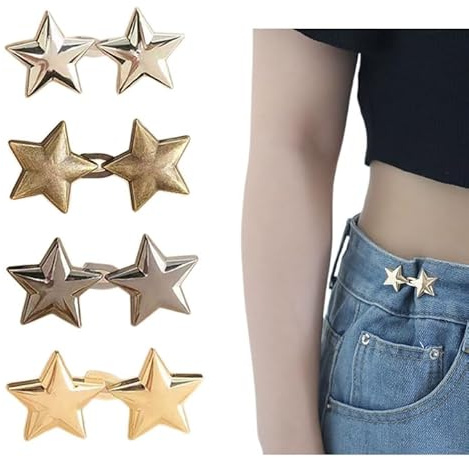 Dreamil Lot de 4 paires de boutons réglables en forme d'étoile pour jeans, boucle de taille en forme d'étoile, boutons de taille en métal extensible, ceinture pour jeans, jupes et chemises