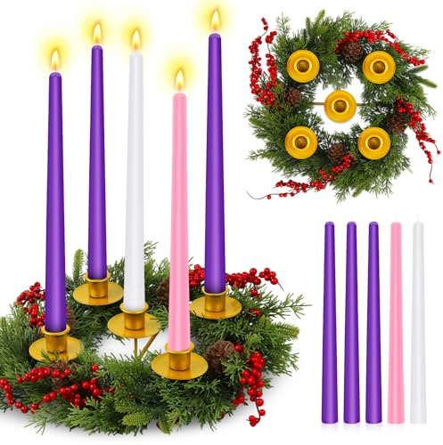 12 Inch Christmas Advent Wreath with 5 Candle Holders and Taper Candles, Metal Candle Cups, Fire-Retardant Evergreen Centerpiece for Table Home & Church Advent Decoration