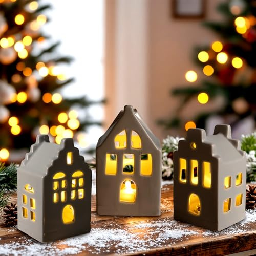 Spetebo LED Porzellan Haus 11 cm, 3er Set, warm weiß | inklusive Batterie, Weihnachtsdorf mit Beleuchtung, Weihnachts Tisch Deko, Figur Aufsteller