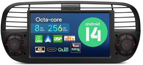 XTRONS Android 14 Qualcomm 665 8+256GB QLED Fiat 500 Car Radio Player Black | 7 Inch Octa Core Carplay Car Stereo for Fiat 500 (2007-2015) w IPS Touched Screen DSP DTS 4G LTE GPS Bluetooth Day & Night UI