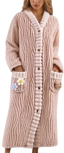 Generisch Bata larga para mujer de forro polar estructurado - Albornoz suave con botones y apliques | Albornoz suave para horas acogedoras