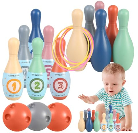 Bowling-Set für Kinder - Buntes Spiel, 12 Kegel, 3 Bälle, 6 Ringe, leicht und robust | Indoor-Spaß für Kinder, interaktive Spiele, Lernspiele, Geschenke von