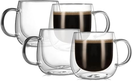 CNGLASS Insulated Double Wall Glass Coffee Mugs 350ml, Thermal Borosilicate Cups with Handle Set of 4