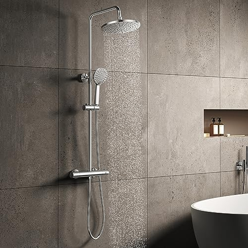 KOMIRO 23x23cm Colonne de Douche Thermostatique,Douchette à 5 Modes,Chromé | Douche Pluie en Acier Inoxydable,Colonne de Douche avec Mitigeur Laiton,Barre de Douche Extensible,Ronde,Argent