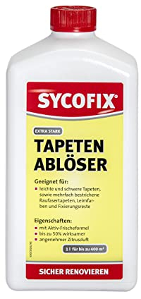 SYCOFIX Tapetenablöser hochwirksames Konzentrat, Tapetenentferner flüssig, Tapetenlöser mit Zitronenduft, löst und entfernt Raufaser- Papiert- Vlies- Vinyltapeten, Leimfarbe, 1l, transparent