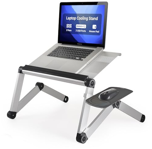 WorkEZ Cool Adjustable Laptop Stand Ergonomic Lap Desk Standing Desk Converter for Laptops Computer 2 Fans 3 USB Ports Mouse Pad height tilt angle aluminum bed couch riser table tray desktop silver
