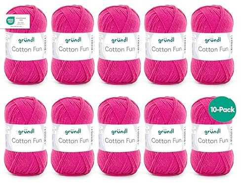 Gründl ull Cotton Fun – ull för virkning – stickgarn – virkgarn – lättvårdat och hudvänligt – 100% bomull – 10 nystan 50 g/115 m – nåltjocklek 3 – 4 – fuchsia