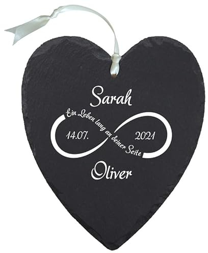 Buntes Schieferherz zur Hochzeit | Motiv Eheringe | ca. 27cm groß | Personalisierte Hochzeitsgeschenke für Brautpaar | Geschenk zum Hochzeitstag | inklusive Band zum Aufhängen