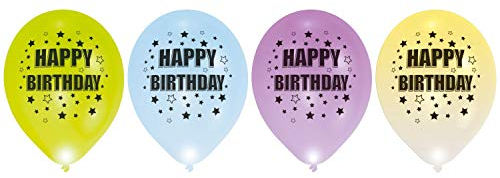Amscan 9901056 - 4 Latexballons LED Happy Birthday Sterne, circa 27 cm, Geburtstag, Heliumballon