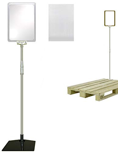 Plakatständer DIN A5 Rahmen transparent mit U-Tasche, Teleskopständer höhenverstellbar bis 1510 mm mit Teleskoprohr ALU Kunststoff Fuß eckig 160x192 mm Stahl schwarz Kundenstopper Paletten Aufsteller