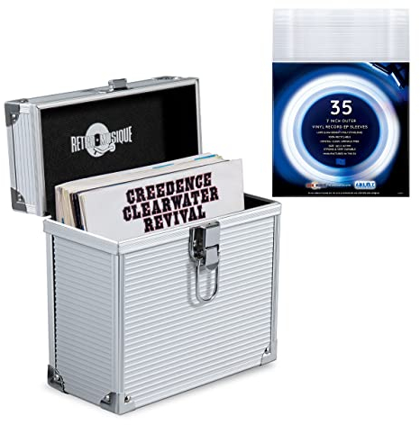 Retro Musique Aluminium 7-Vinylschallplatten-EP-Aufbewahrungsbox Für bis zu 35 EPs (in PVC-Hüllen) Inklusive 35 Vinylschallplatten-Außenhüllen (Silber)