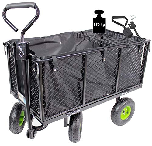 TRUTZHOLM Bollerwagen herausnehmbare Plane bis 550kg belastbar Handwagen Gitterwagen Gartenwagen Transportwagen | mit Rasentraktorkupplung an der Deichsel oder Handgriff gepolstert