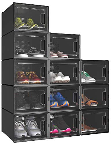 YITAHOME Shoe Box,12Pcs Stackable Shoe Containers,35.1 x 24.9 x 18.5cm,Fit up to UK Size 11,Medium Size Shoe Storage,Non-toxic Plastic Drop Front Shoe Organisers,Black Shoe Storage Box