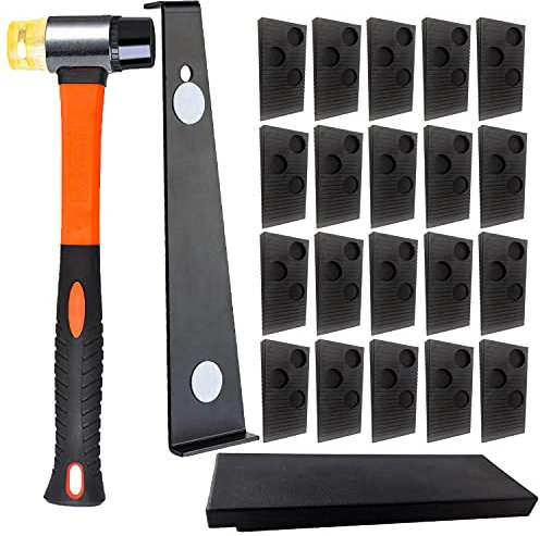 Vinyl Verlegeset für Laminat Parkett, mit 21 Abstandhaltern aus Kunststoff, Kork Parkett Verlegeset mit Schlagklotz, Hammer und Zugeisen, Montagekeile für Laminat Dekore Fußleisten