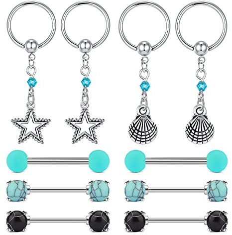 D.Bella Piercing Téton Mamelon Acier Inoxydable 14G Anneau de Mamelon Téton Barbell Anneau de Perle Captive avec Pendentif Bijoux de Piercing 5 Paires