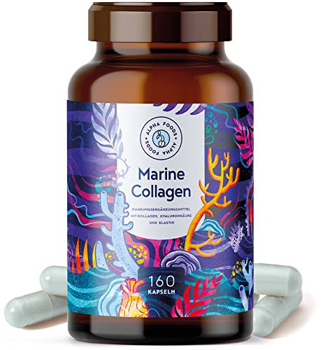 Marine Collagen mit Hyaluronsäure Kapseln | 160 Kapseln | Meeres Kollagen Hydrolysat & Marines Elastin mit Hyaluronsäure & Spirulina | Alpha Foods