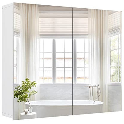 FOREHILL Spiegelschrank Bad, 2-türiger Badezimmerschrank mit Spiegel 70x15x60cm, mit Verstellbaren Ablagen, für Badezimmer, weiß