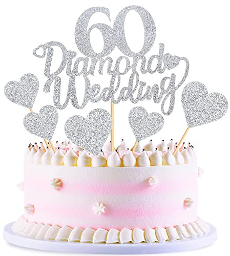 Blumomon 25pcs 60th Wedding Anniversary Cake Toppers - Silver Glitter Diamond Heart Cake Decoration for Celebration Party Supplies