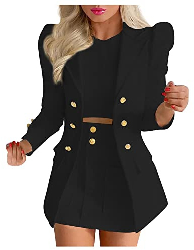 Womens 2 Piece Outfit Suit Casual Long Puff Sleeve Cardigan Blazer + Short Skirt Suit Work Business Office Formal Wedding Guests Coats and Jackets Ladies Autumn Outerwear Black