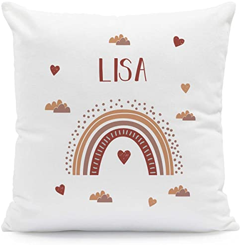 GRAVURZEILE Kissen mit Motiv - Regenbogen - Personalisiert mit Name - Geschenk für Jungen & Mädchen Kinderzimmer - Geschenk für Sie & Ihn zum Geburtstag - Größe mit Füllung, Farbe Rot