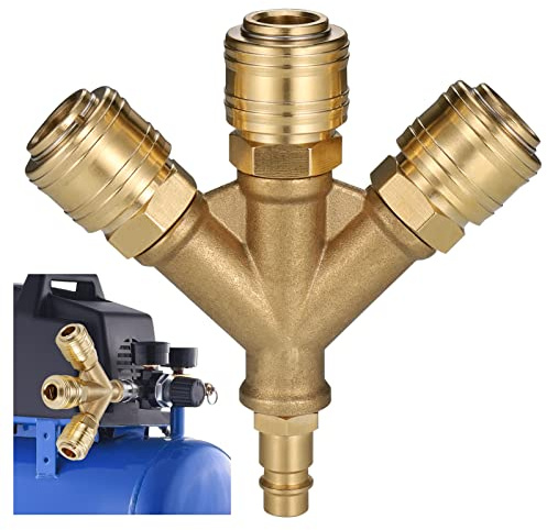 Conector de Aire Comprimido, Distribuidor de 3 Vías, Conector de Rapido Aire Comprimido con 1/4 in conector, Latón Accesorios Compresor Aire, Fácil Instalación, Conectores de Manguera Aire Comprimi