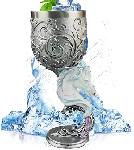 Tuzsocr Vintage Kelch, Weinkelch Edelstahl Mittelalter Tassen 3D Prägung Kelch Tasse Für Halloween Bar Party Supplies (WEISSES Pferd)