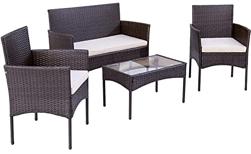 Juego de Muebles de Jardín de Ratán, 4 Piezas, Conjuntos de Muebles de Jardín Exterior,2 Sillones, 1 Sofá, Mesa de Cristal Templado