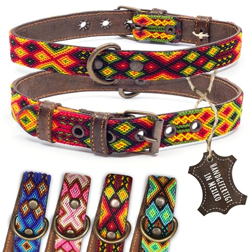 ALTEZAR Hundehalsband Leder - braunes Rindsleder Tribal Feuerrot durchgehend Bestickt gelb/orange/rot - Handgemacht in Mexiko Lederhalsband Hund - Größe m - für mittel-große Hunde
