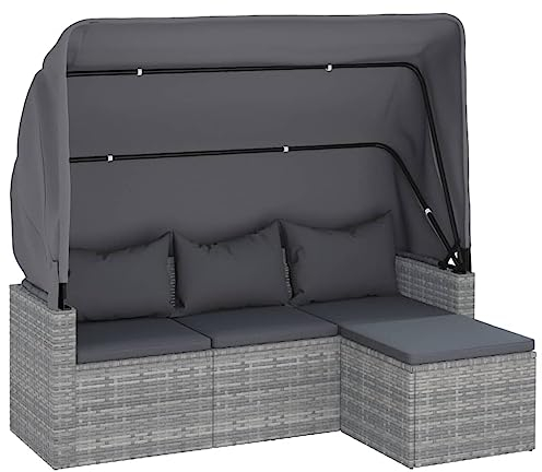 Hommdiy 3-Sitzer-Gartensofa mit Dach und Fußhocker Grau Poly Rattan