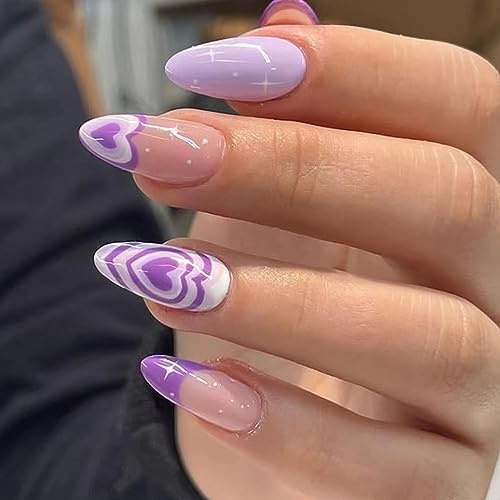 AKOFIC 24 Pièces Faux Ongles Court Amande, Faux Ongles à Coller French Manucure, Glazed Violet Press on Nails avec Gel Pad Ongles, Cœur Faux Ongles Reutilisable Sans Colle pour Femmes et Filles