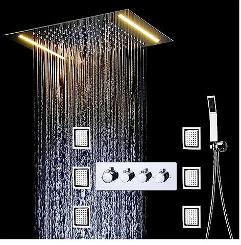 2023 New LED Rain Shower System Set with Handshower Massage Body Jet, Thermostatic Mixer Bathroom Ceiling Rainfall Showerhead Faucets LED Shower Panel (Color : A Shower Set-1, Size : 1)