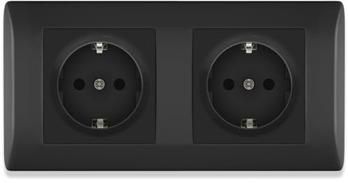 BSEED Schuko Steckdose mit Steckklemme, Doppelsteckdose Unterputz, 2 Fach Steckdose Unterputz mit PC Rahmen, Einbausteckdose Unterputz 16Amp, Doppel Schutzkontakt Wandsteckdose Schwarz - 152 mm