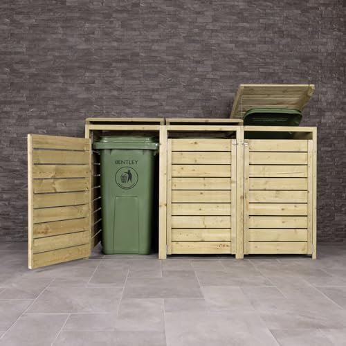 CHARLES BENTLEY FSC® Mixed Triple Wide Panel Wooden Bin Store Wheelie Bin Storage Unit Lifting Lid