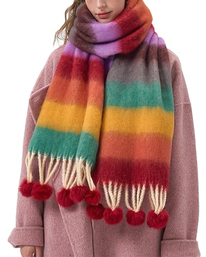 auons Damen Winter Schals Wraps Warme Decke Schal Übergroße Dicke Mehrfarbige gestreifte Schal Lange Stola mit Quasten
