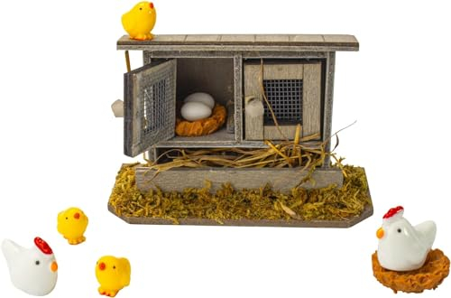 Super Idee Poulailler miniature avec poules, poussins et œufs, accessoire de crèche pour maison de poupée, Pâques, printemps, décoration de jardin miniature, jardin féérique, ferme, Noël, porte lutin